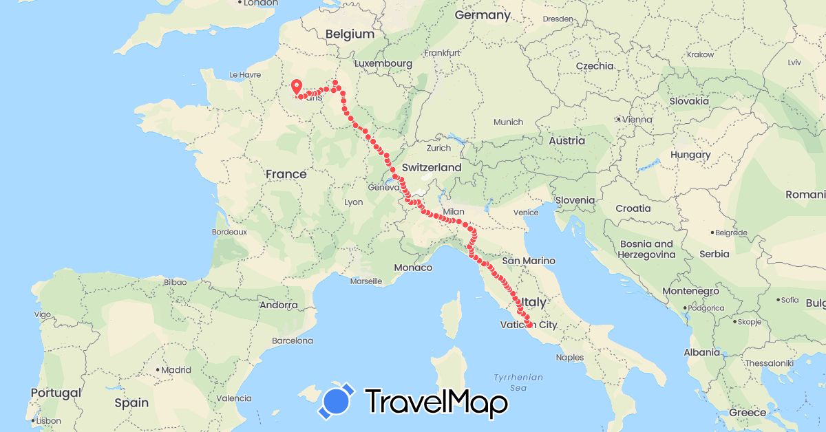 TravelMap itinerary: driving, hiking in Switzerland, France, Italy (Europe)