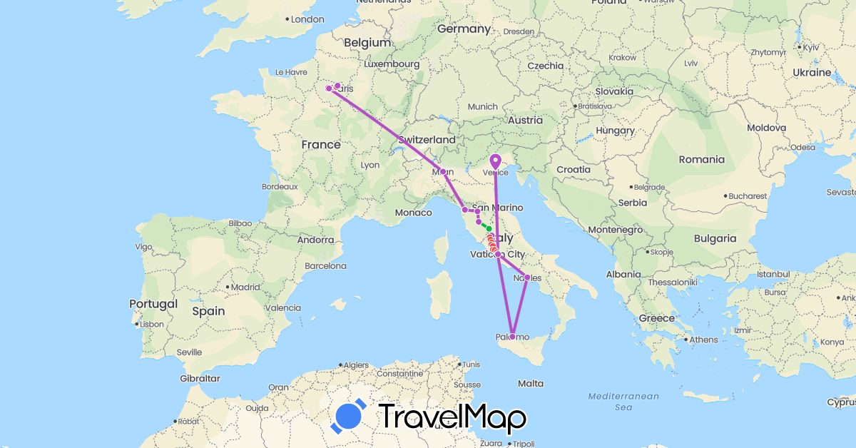 TravelMap itinerary: driving, bus, train, hiking in France, Italy, Vatican City (Europe)